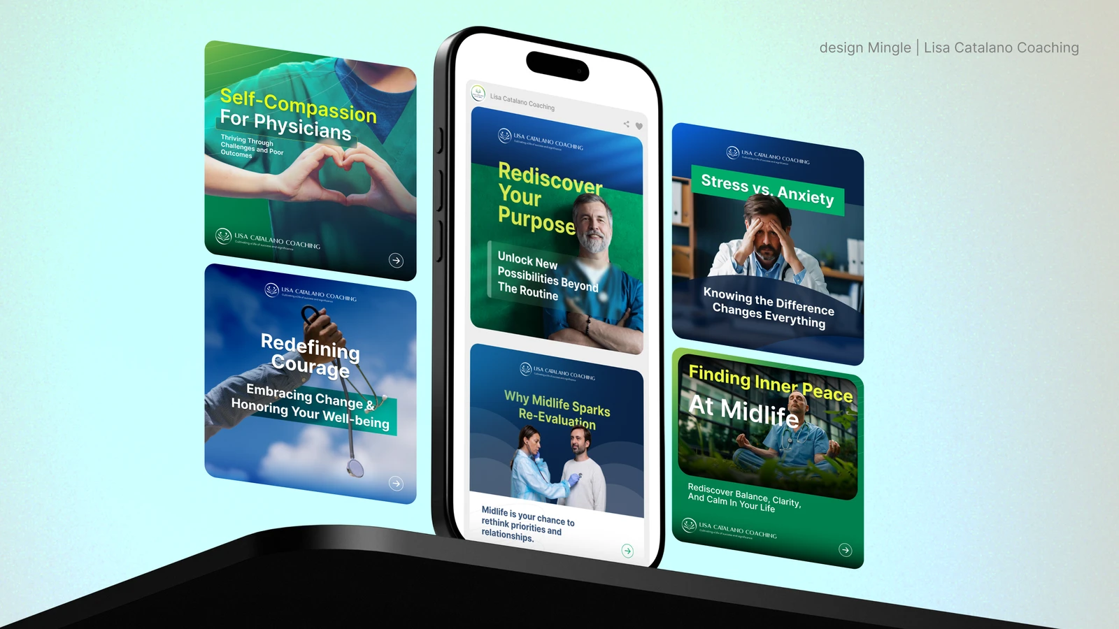 Branded LinkedIn carousel posts for Lisa Catalano Coaching shown on phones
