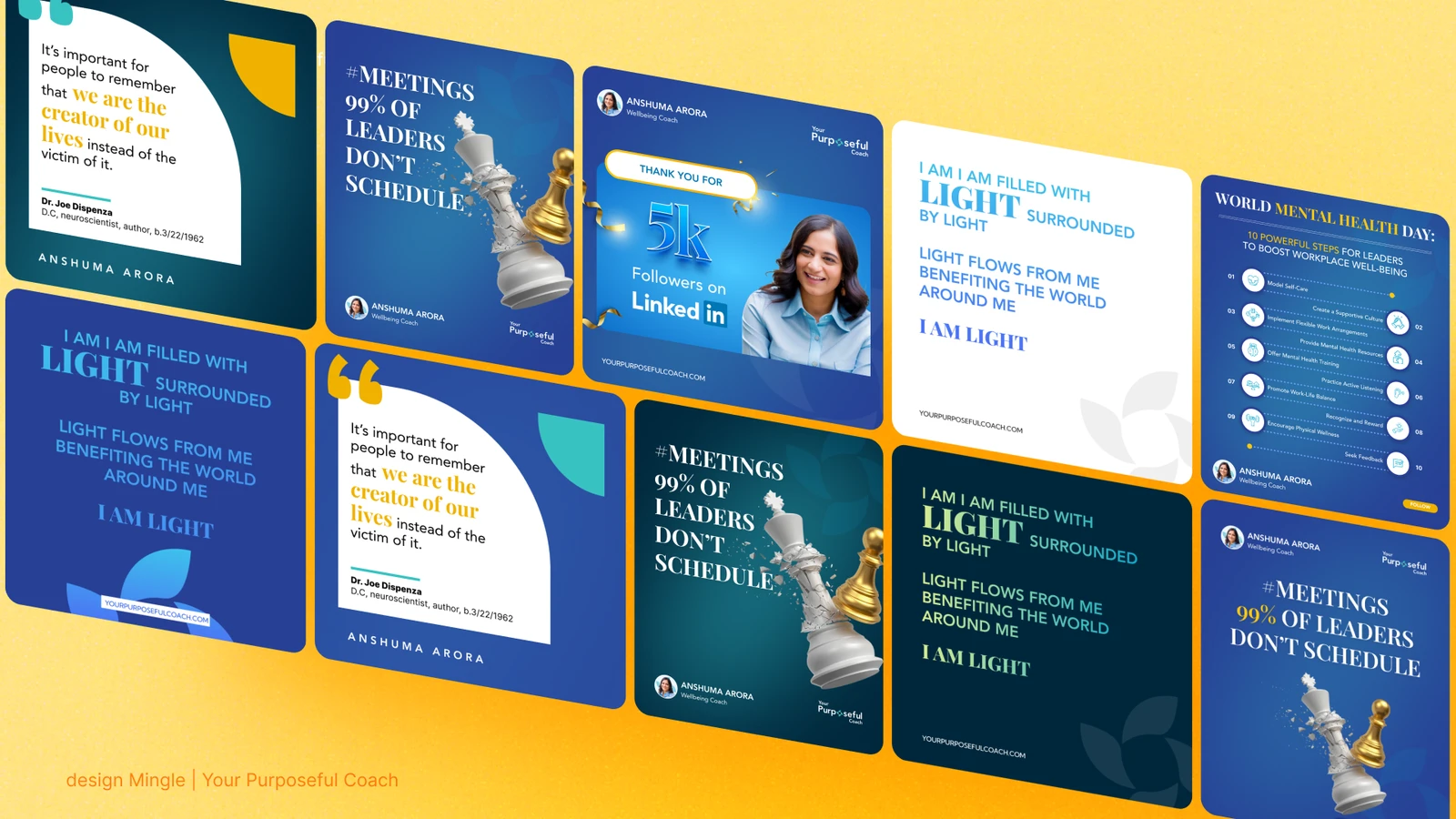Branded LinkedIn post designs for Anshuma Arora's coaching business