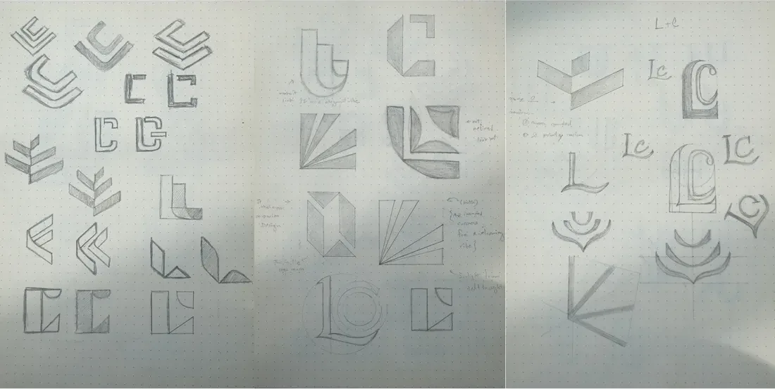 Hand-drawn pencil logo sketches exploring initials and symbols for Lisa Catalano Coaching