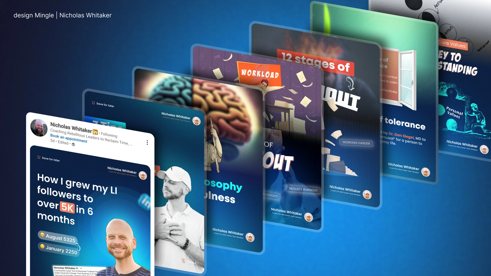 LinkedIn carousel designs created for Nicholas Whitaker's coaching brand