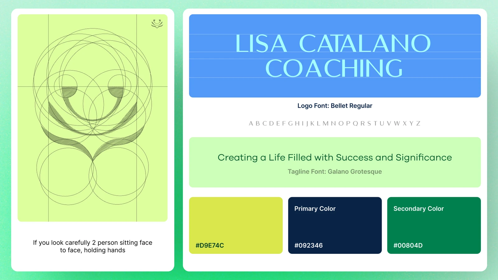 Brand identity board for Lisa Catalano Coaching showing logo, typography and colour palette