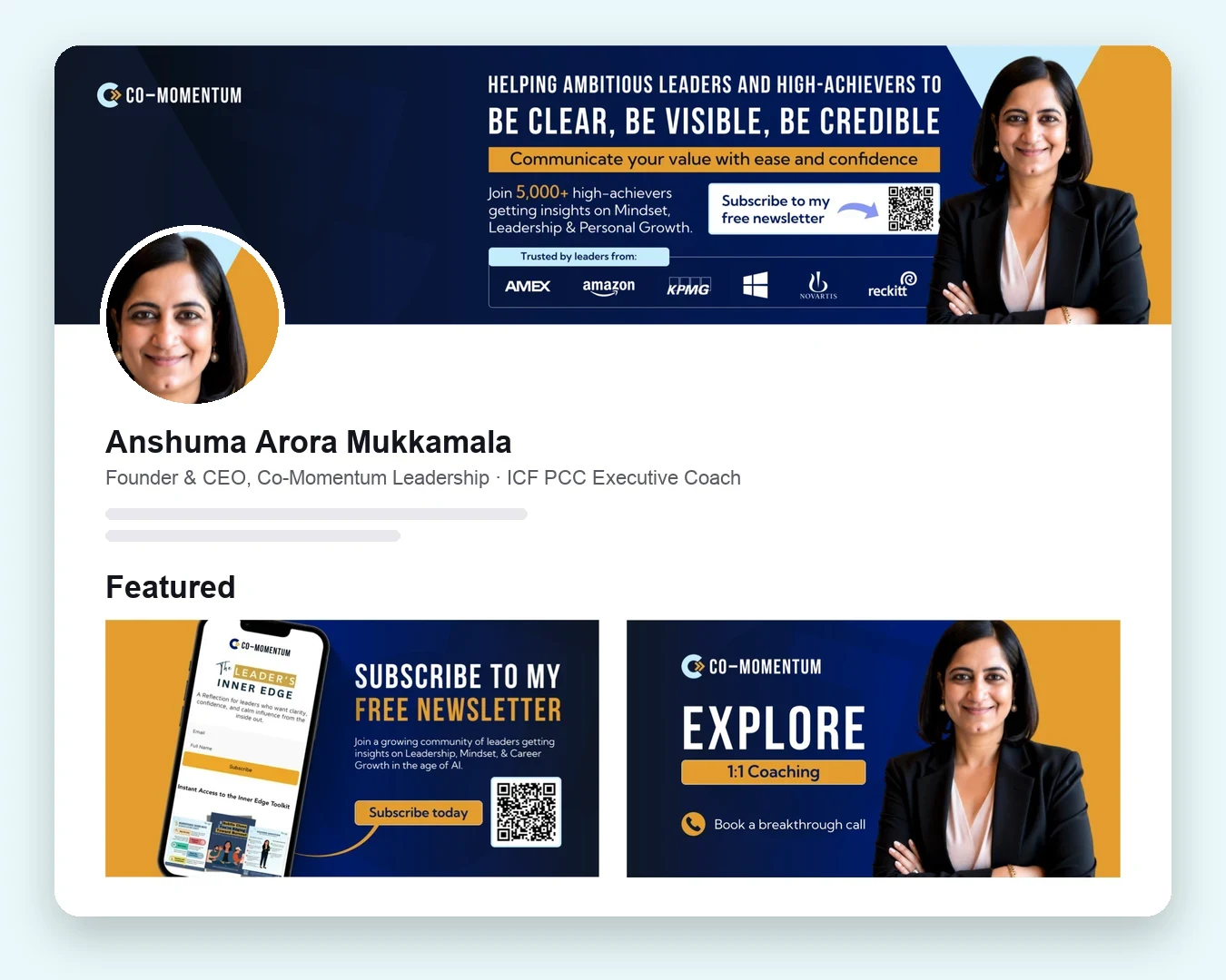 LinkedIn profile for Anshuma Arora with branded banner and Featured images