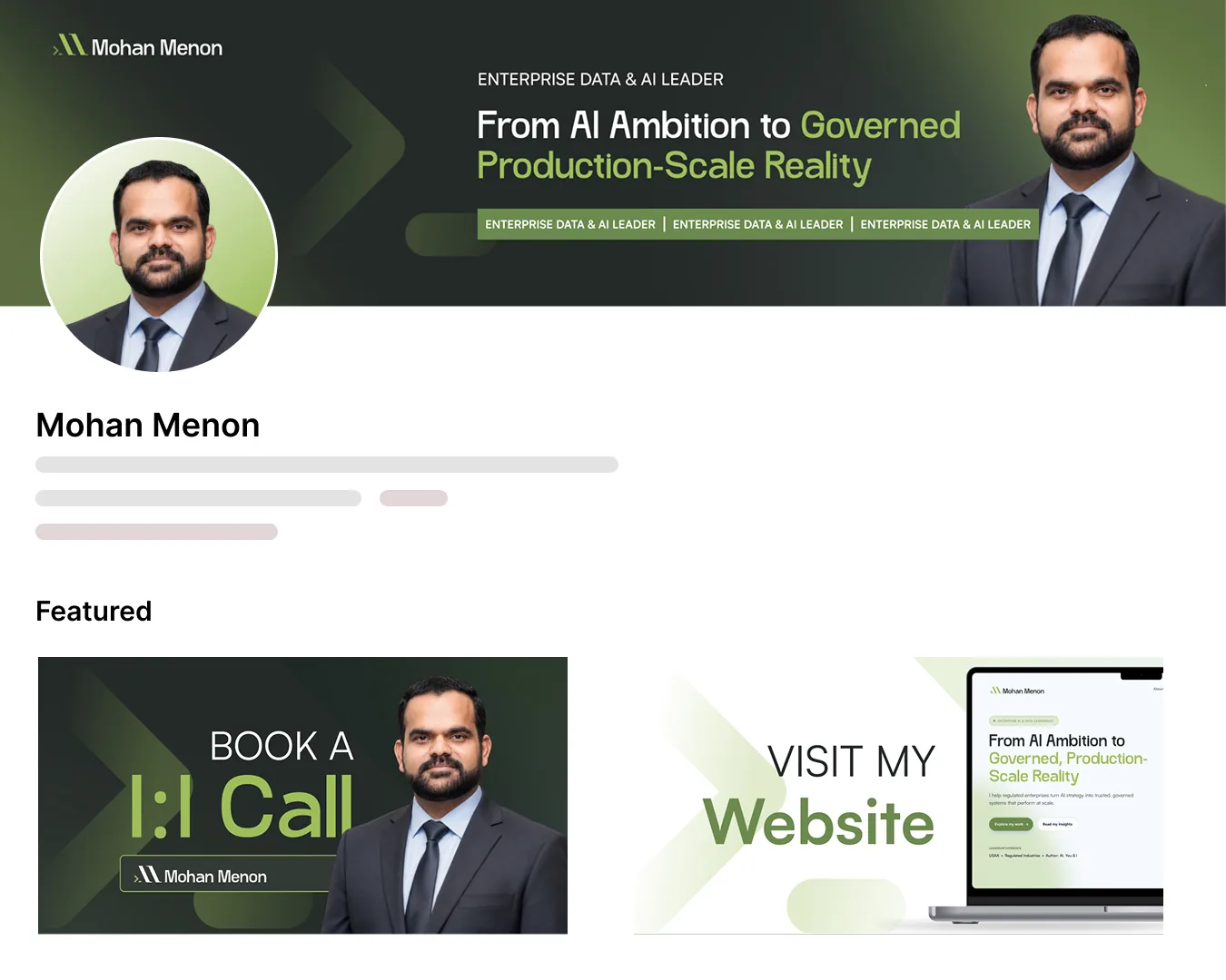 Optimised LinkedIn profile design for Mohan Menon with branded banner and Featured section
