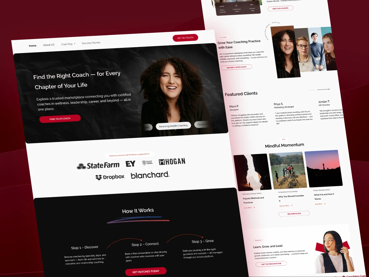 Coaching marketplace website design with a dark hero: Find the Right Coach for Every Chapter of Your Life