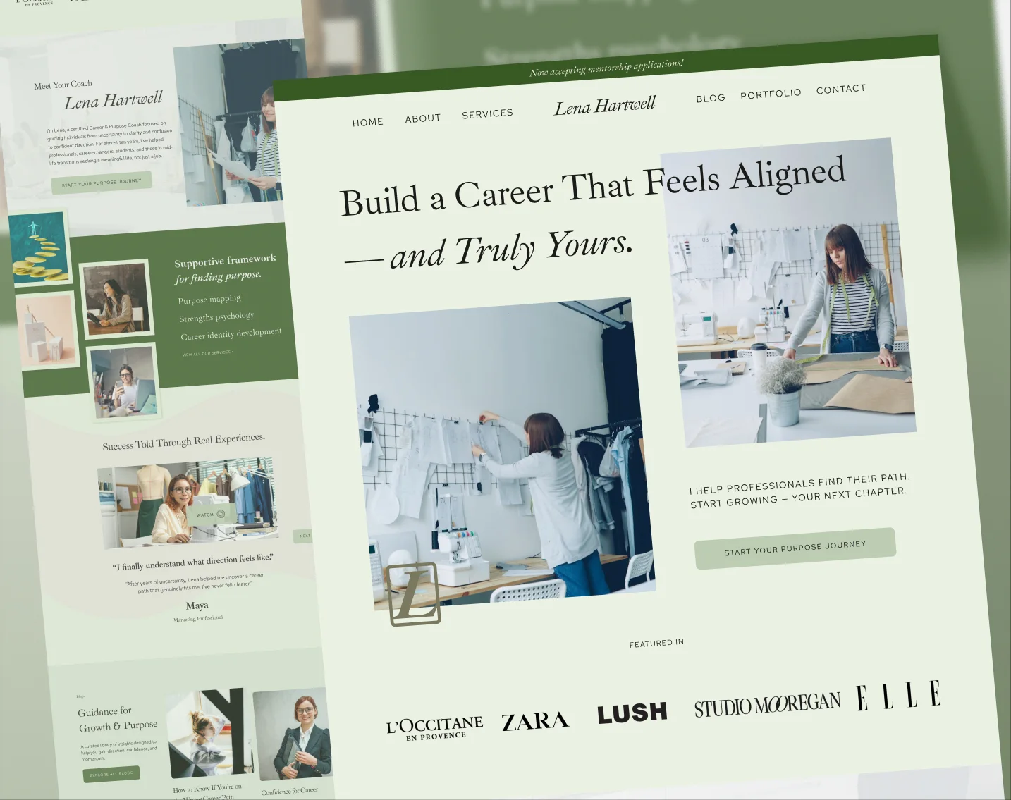 Coaching website design for a career coach, shown across several pages