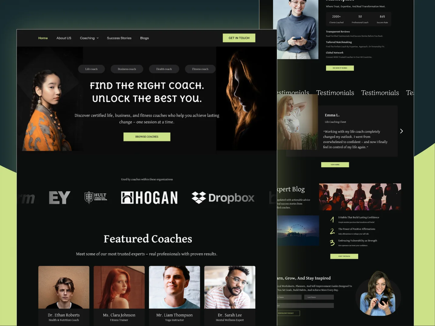 Dark coaching platform website design with featured coaches: Find the right coach, unlock the best you