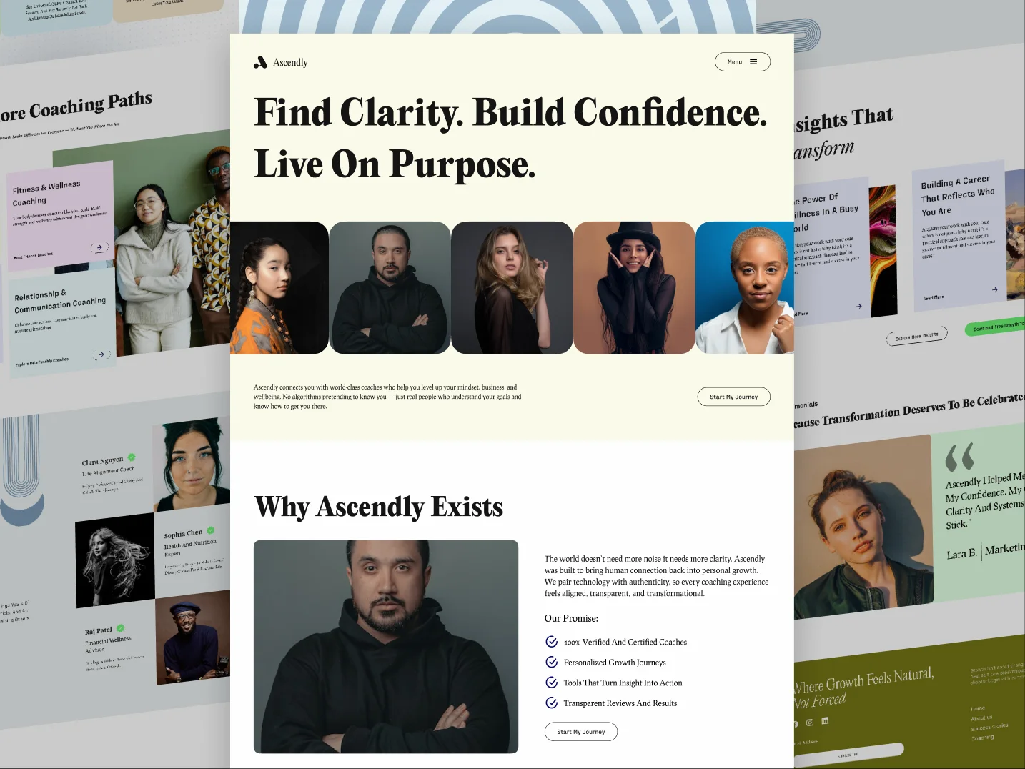 Coaching platform website design for Ascendly: Find Clarity. Build Confidence. Live On Purpose.
