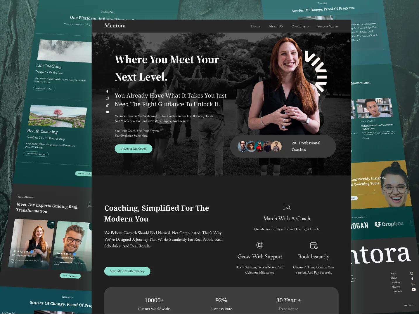 Dark teal website design for Mentora coaching: Where You Meet Your Next Level
