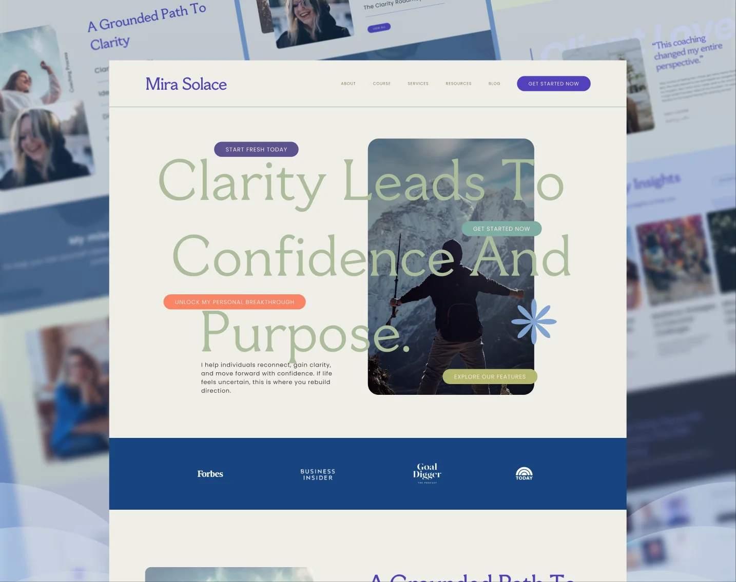 Mindset coach website design for Mira Solace: Clarity Leads To Confidence And Purpose