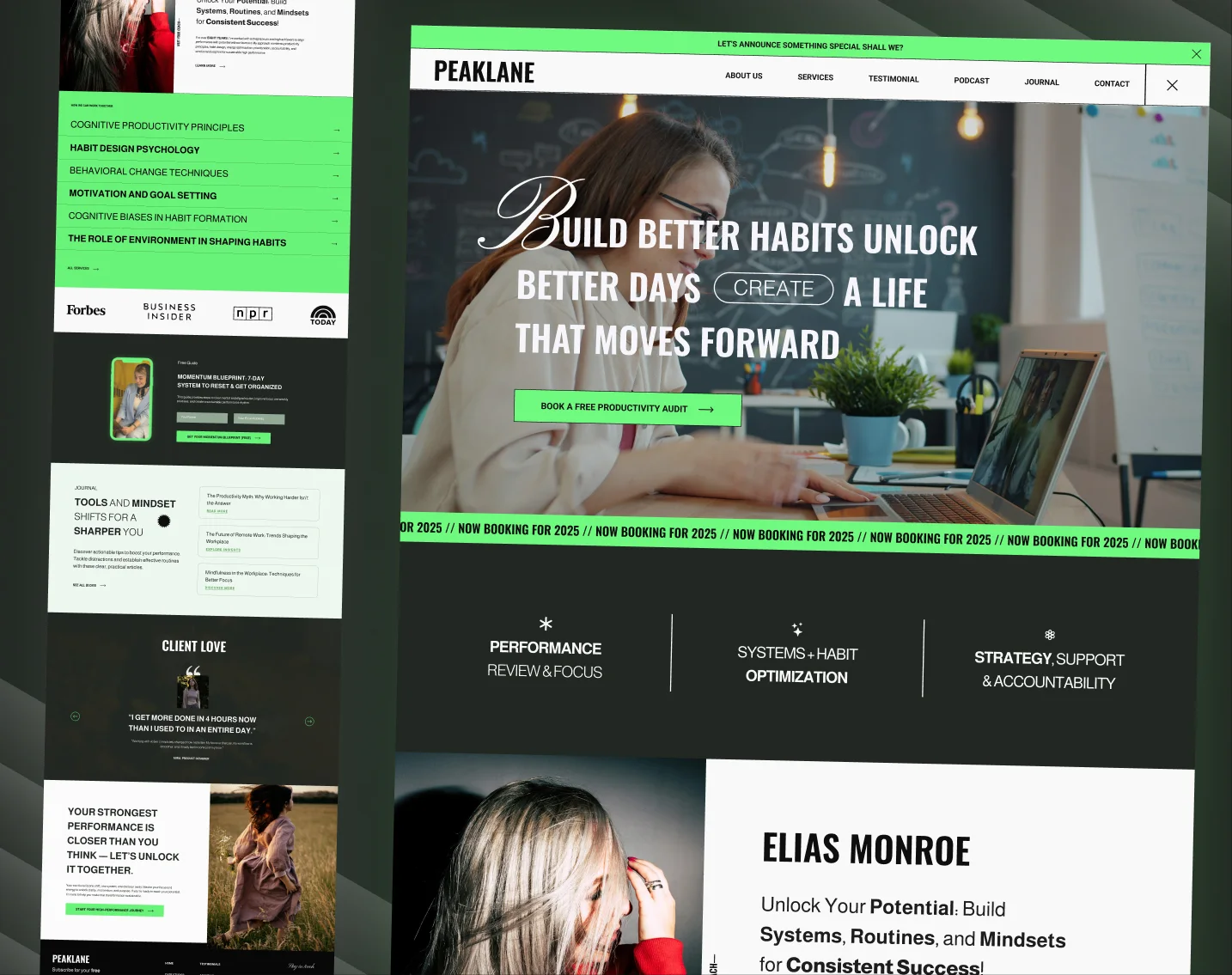 Habit coach website design for Peaklane in black and neon green: Build better habits, unlock better days