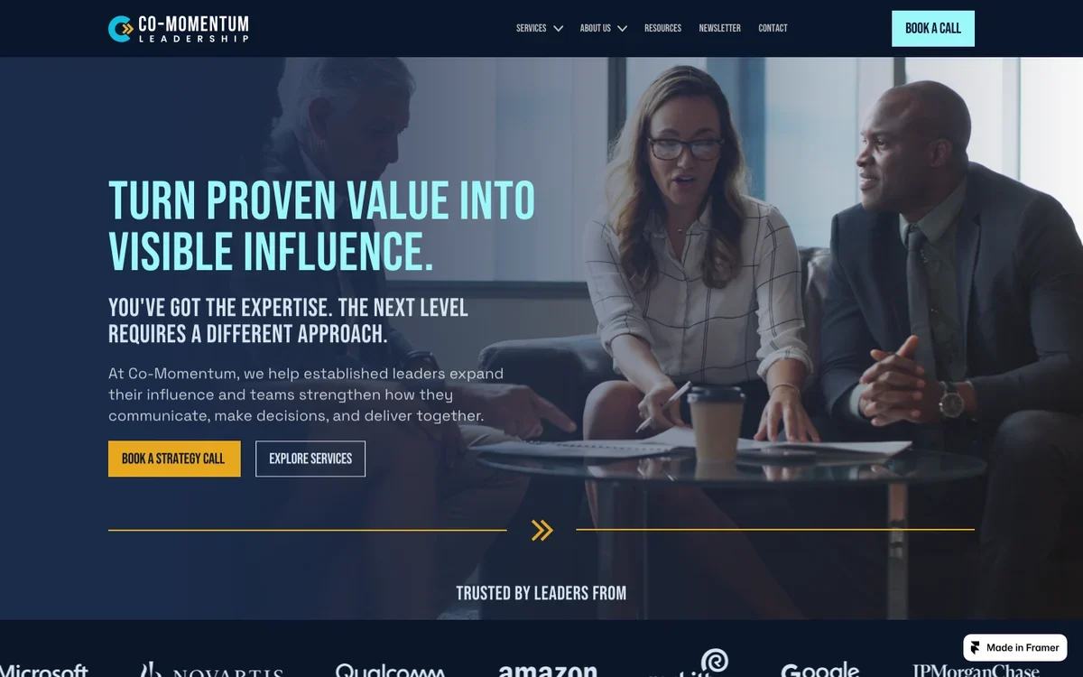 Co-Momentum Leadership website homepage after a coaching website redesign